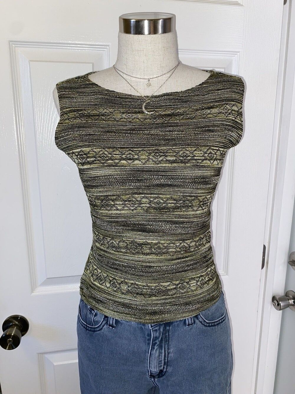Vintage Hiatus Women's L Green/Black Geometric Sleeveless Crop Top Y2K Grunge